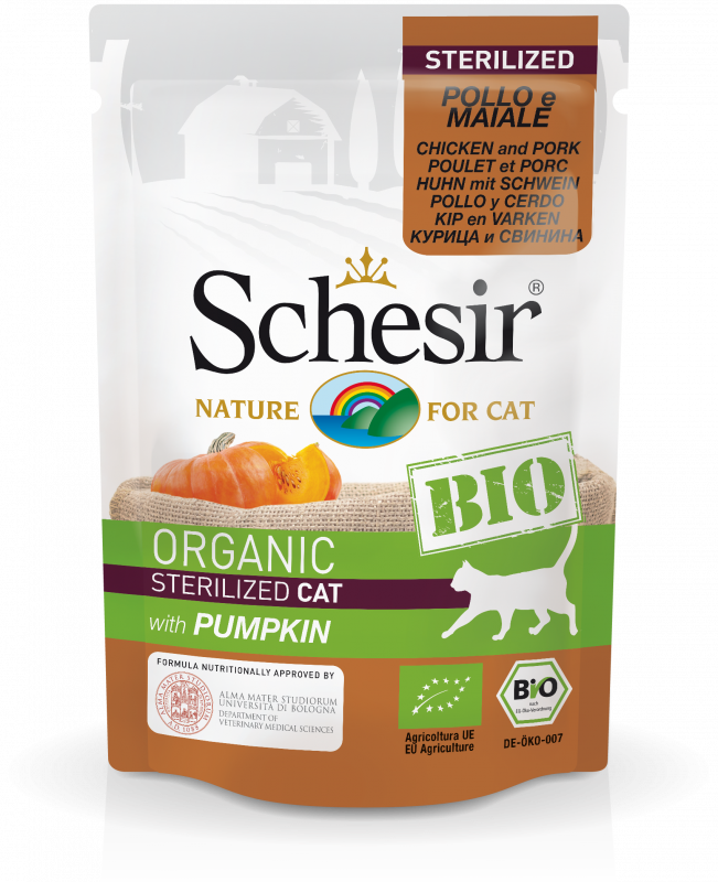 Schesir - Schesir - Alimento orgánico para gatos esterilizados - Pollo, cerdo 85g