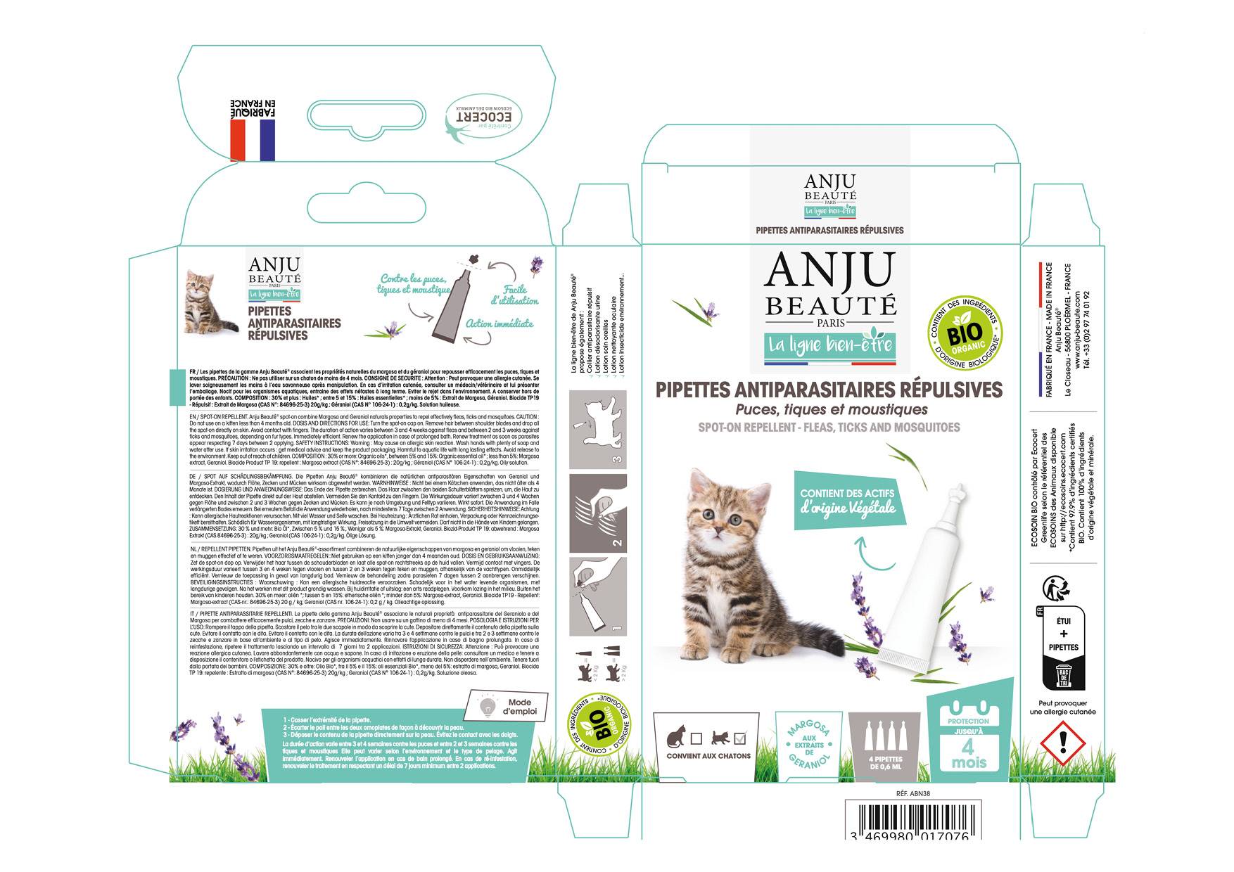 Anju Beaute - Pipette Insectifuge Chaton Ecosoin Bio x 4 - Imagen 2