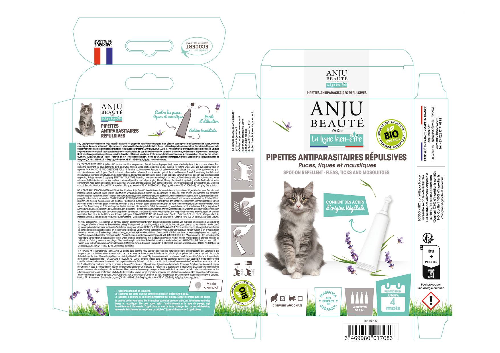 Anju Beaute - Anju - Pipette Insectifuge Ecosoin Bio pour chat x4 - Imagen 2