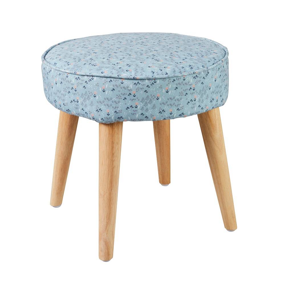Taburete redondo floral azul con patas de madera - Ø.35 x H.36 cm - Imagen 1