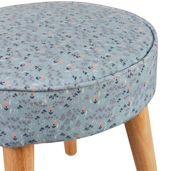 Tabouret rond fleural bleu avec pieds en bois - Ø.35 x H.36 cm - Image 2