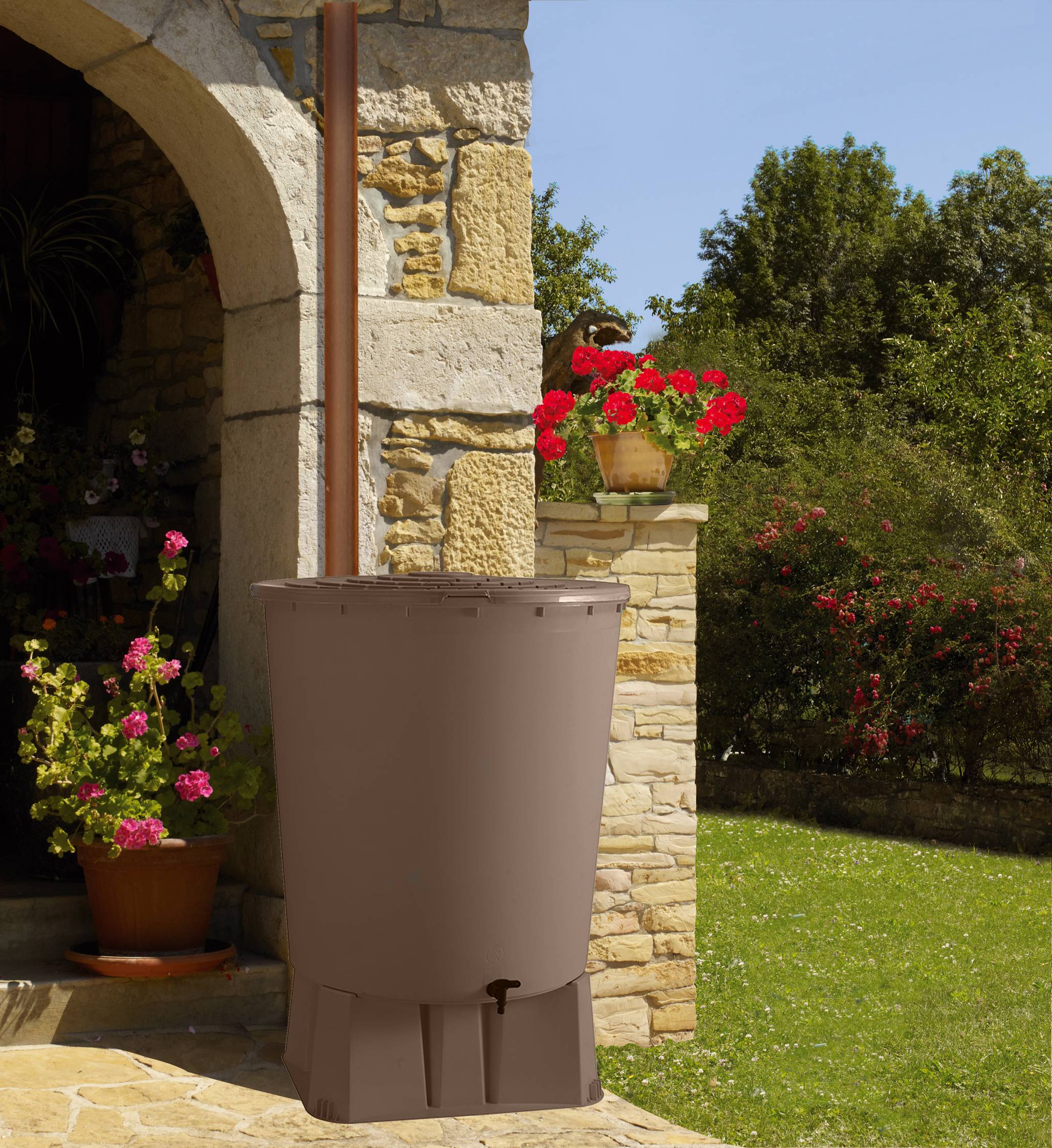 Belli - Récupérateur à eau rond 200L socle, couvercle, robinet, socle et collecteur inclus taupe - BELLI - Imagen 2