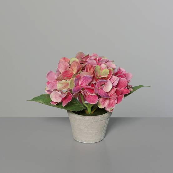 DPI - Hortensia rose vif artificiel en pot béton H.16 cm
