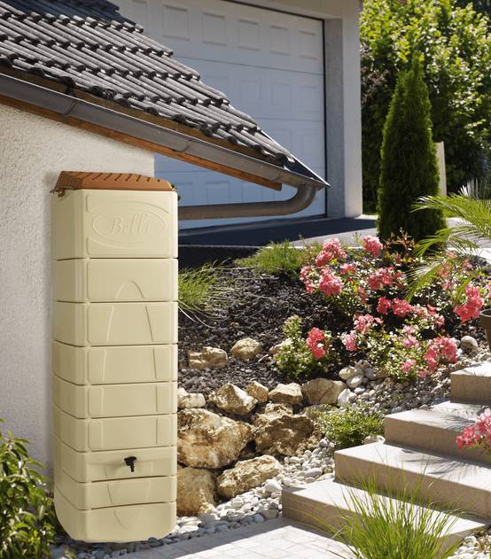 Belli - Récupérateur d'eau de pluie mural 650L couvercle, robinet, fixation, collecteur inclus beige - BELLI - Image 2