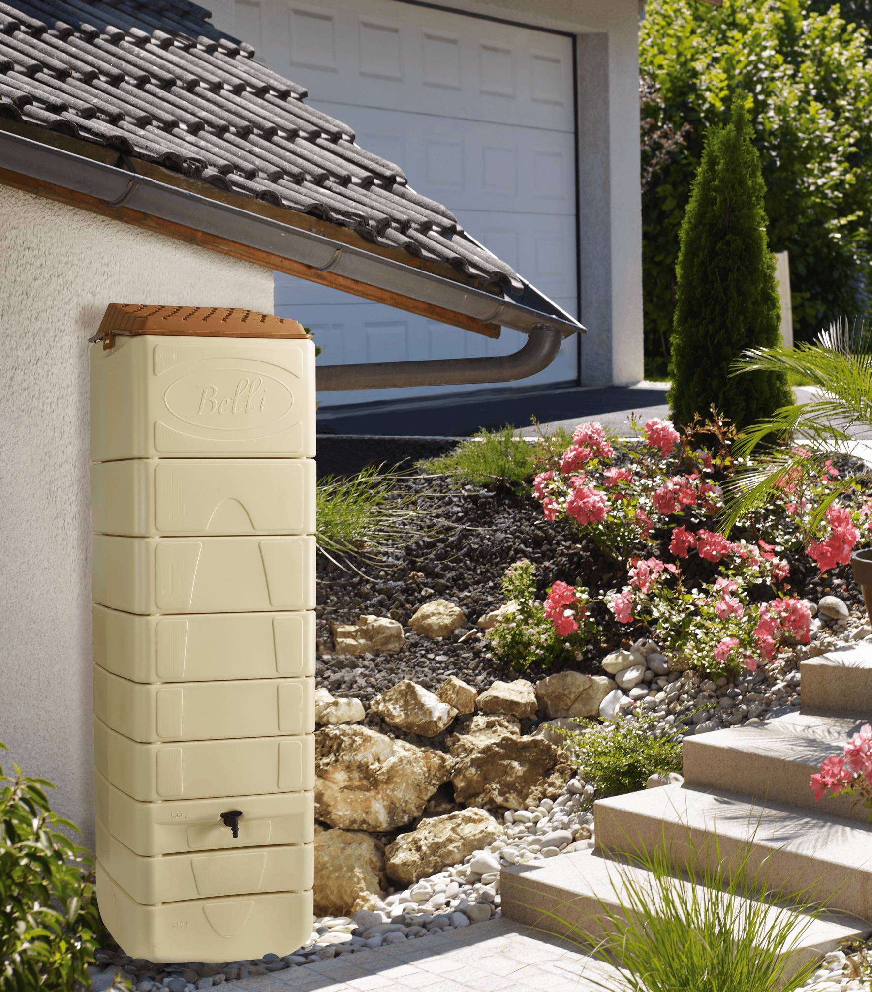 Belli - Récupérateur d'eau de pluie mural 650L couvercle, robinet, fixation, collecteur inclus beige - BELLI - Imagen 2