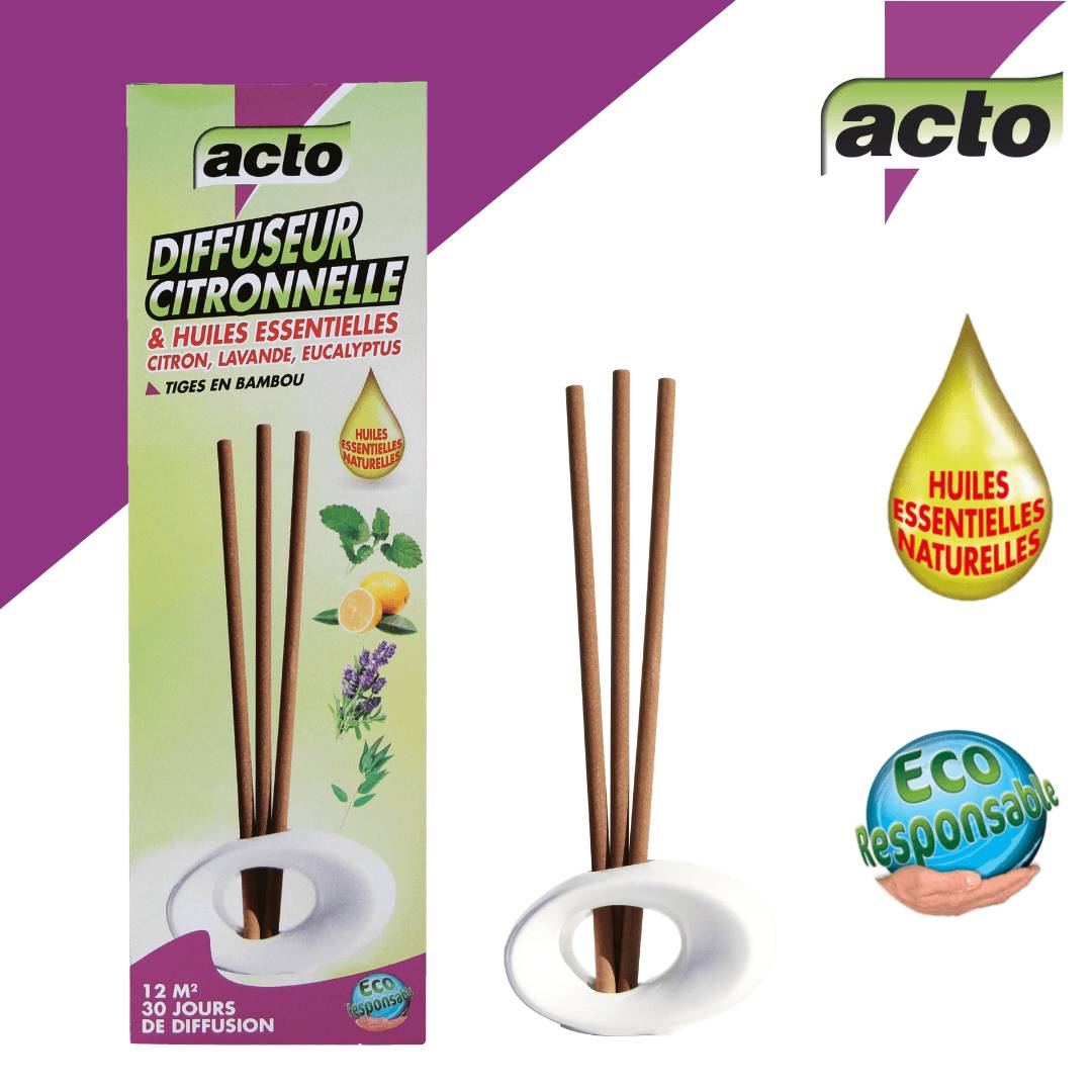 ACTO Diffuseur huiles essentielles naturelles citronnelle 3 tiges