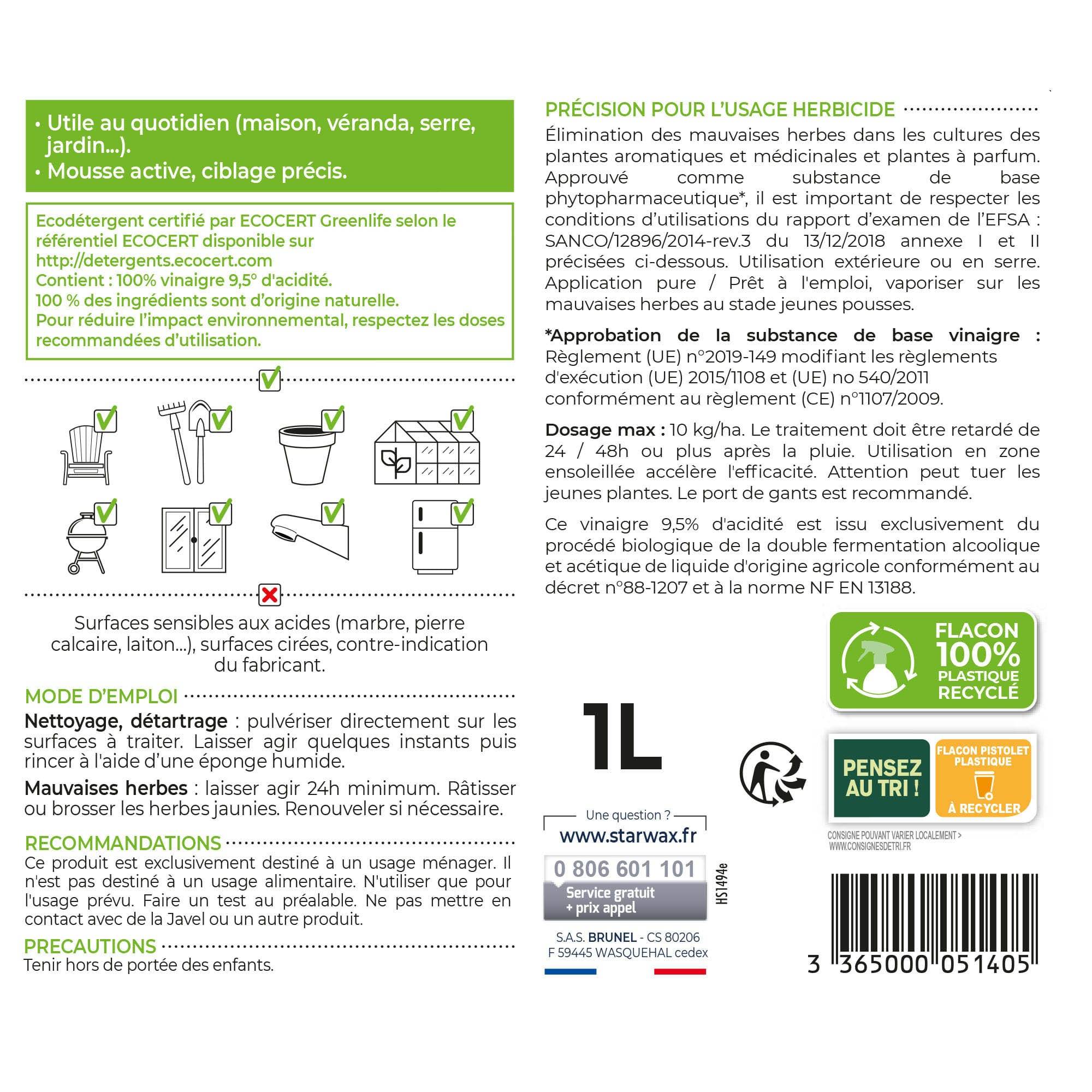 Starwax - Starwax - Vinaigre jardin et maison 9,5° 1 L - Imagen 3