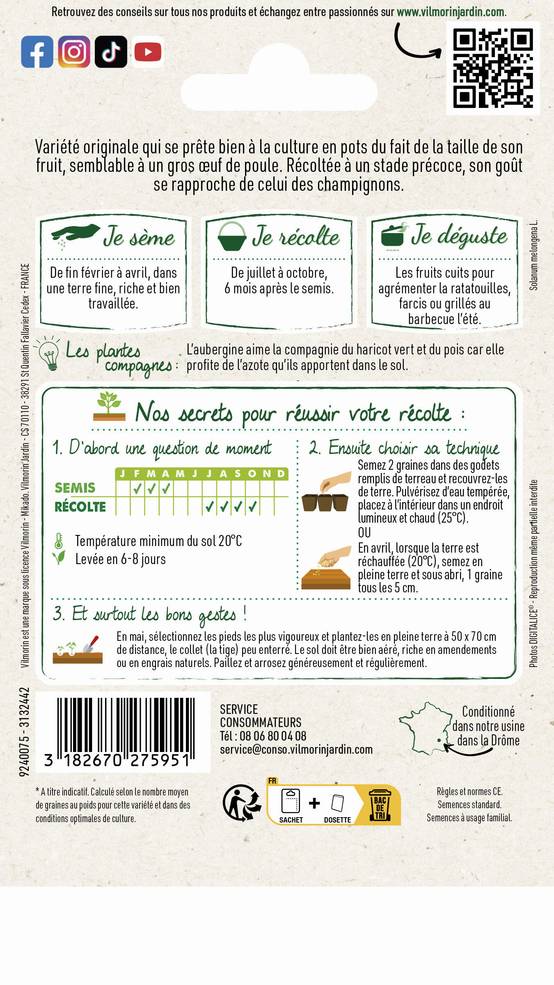 Vilmorin - Aubergine blanche ronde a œuf cuisine du monde série 2 sachet graines 1 g - Vilmorin - Image 4