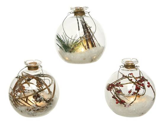 LED Boule verre avec déco nature Baies rouges/Branchages H.10 cm - Image 1