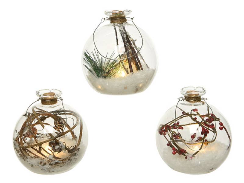 LED Boule verre avec déco nature Baies rouges/Branchages H.10 cm - Image 1