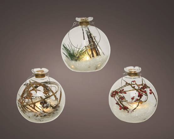 LED Boule verre avec déco nature Baies rouges/Branchages H.10 cm - Image 2
