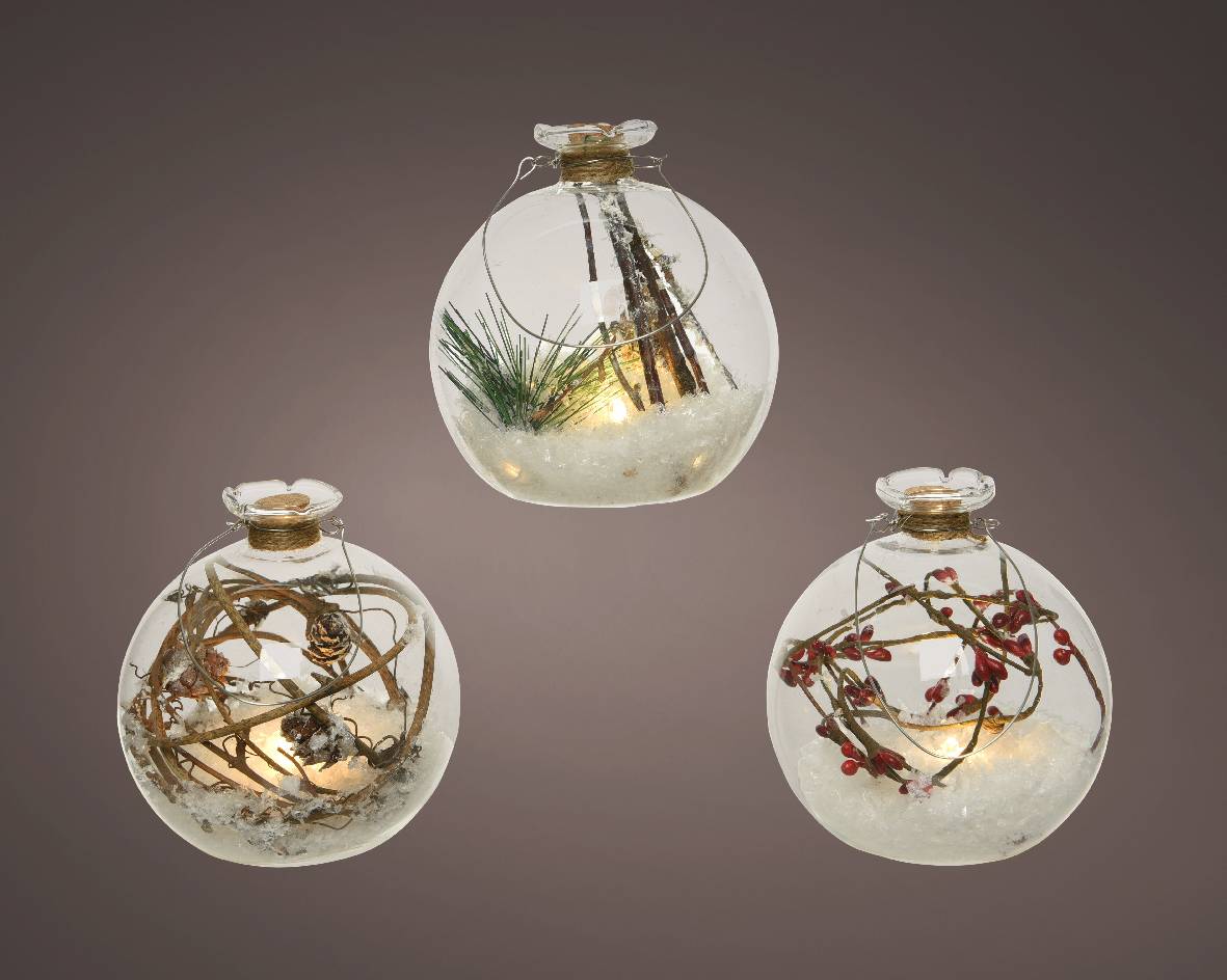 LED Boule verre avec déco nature Baies rouges/Branchages H.10 cm - Image 2