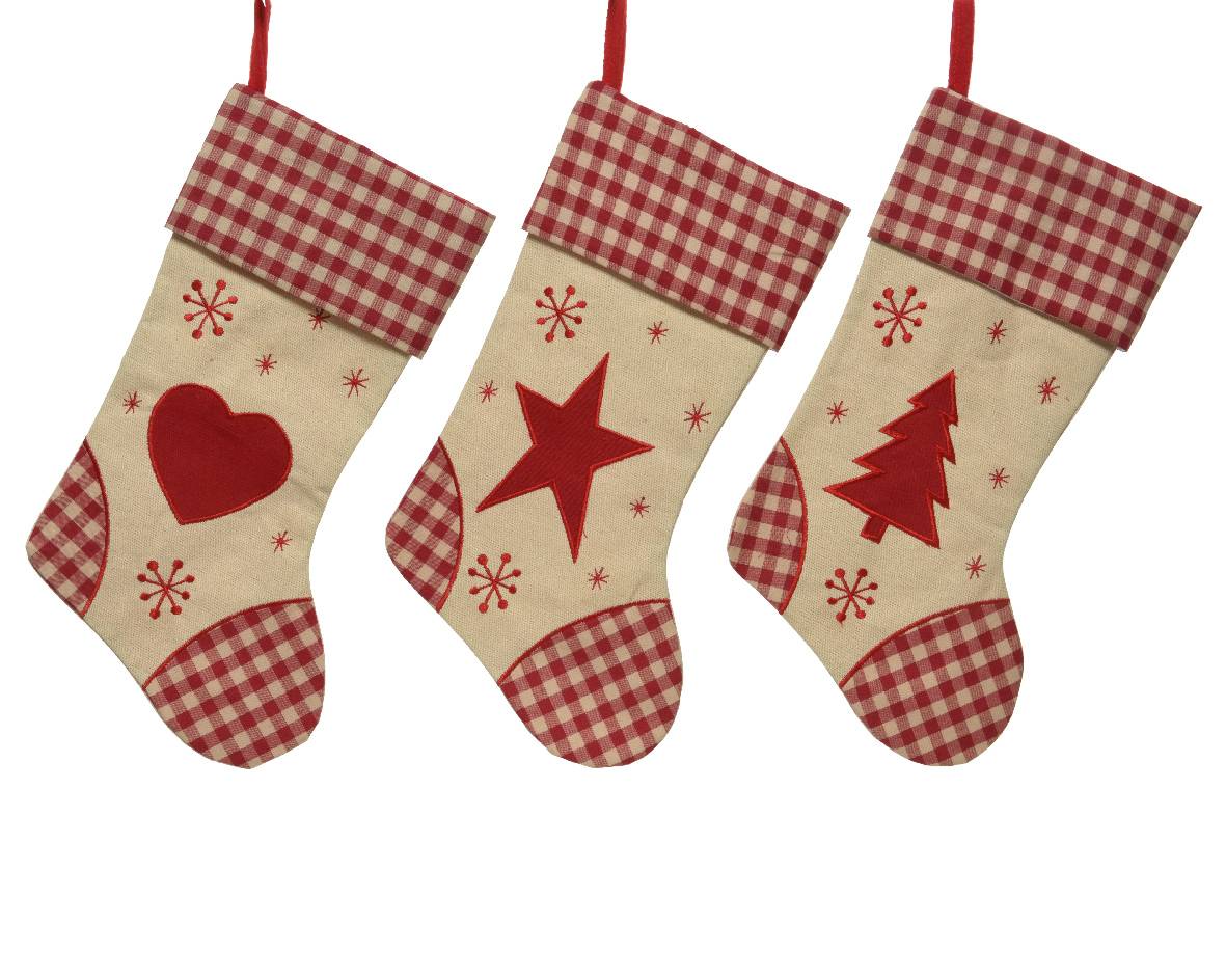 Decoris - Chaussette de Noël Rouge Beige à suspendre L.25 x l.1 x H.45 cm