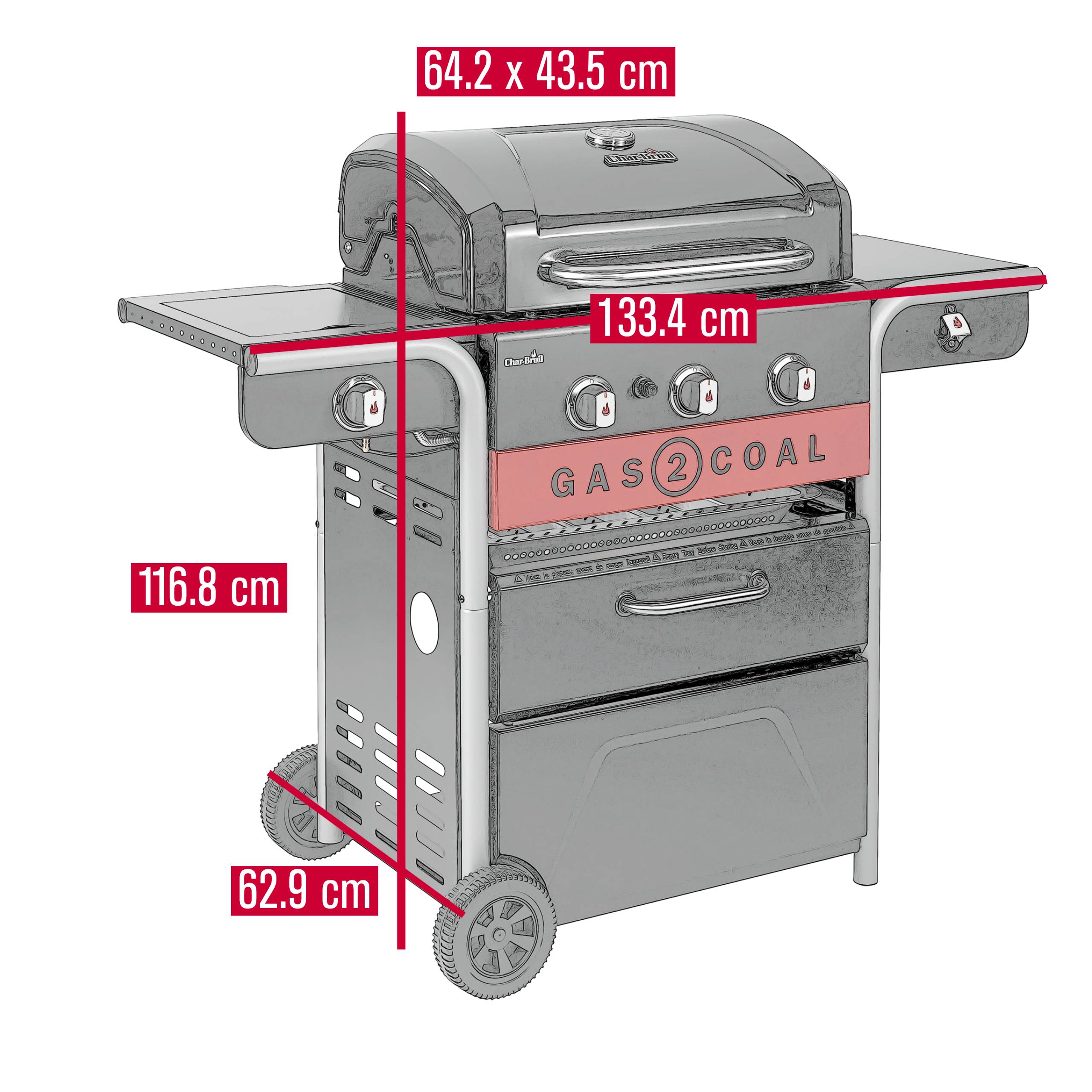 Char-broil - Barbacoa Híbrida Gas & Carbón 3 Quemadores Inox Negro 134 x 62,9 x 116,8 cm - CHAR-BROIL - Imagen 12