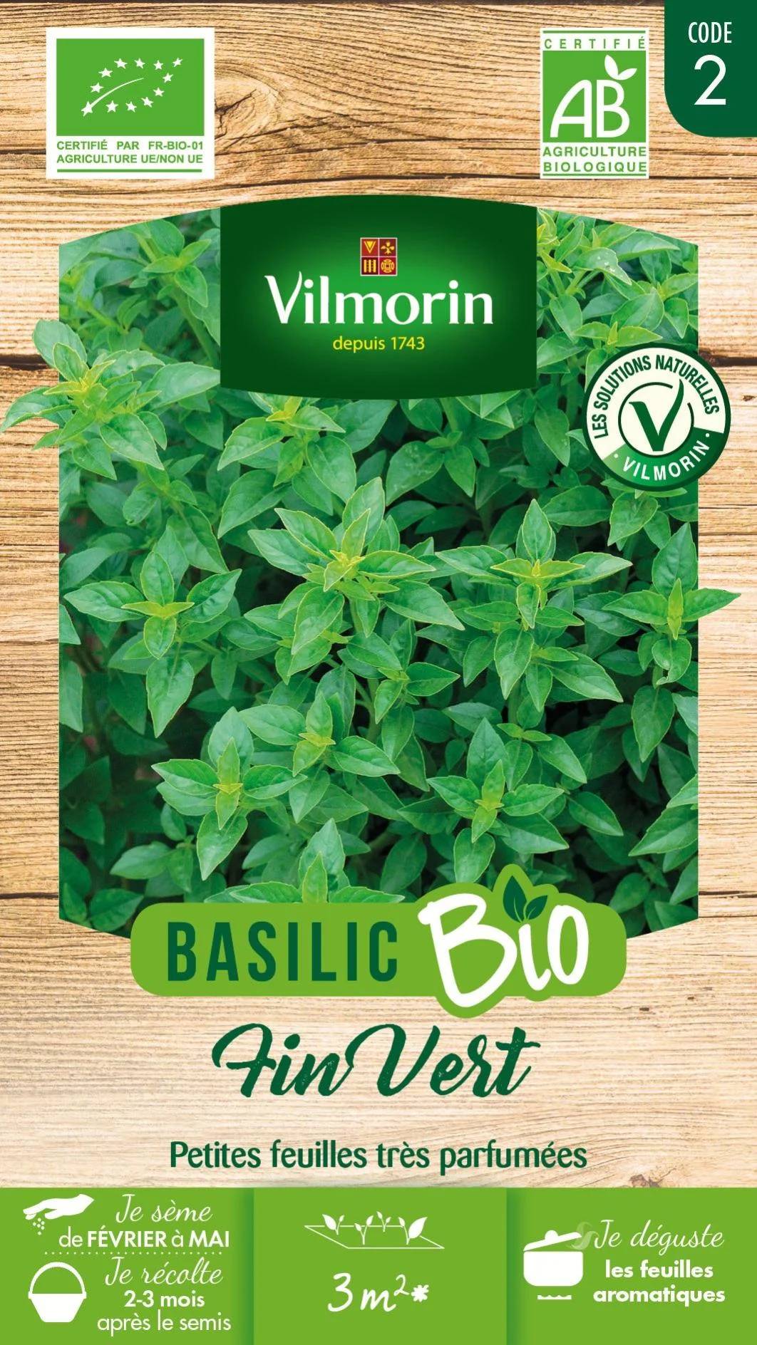 Vilmorin - Basilic Fin Vert Bio serie 2 sachet graines 1 g - Vilmorin