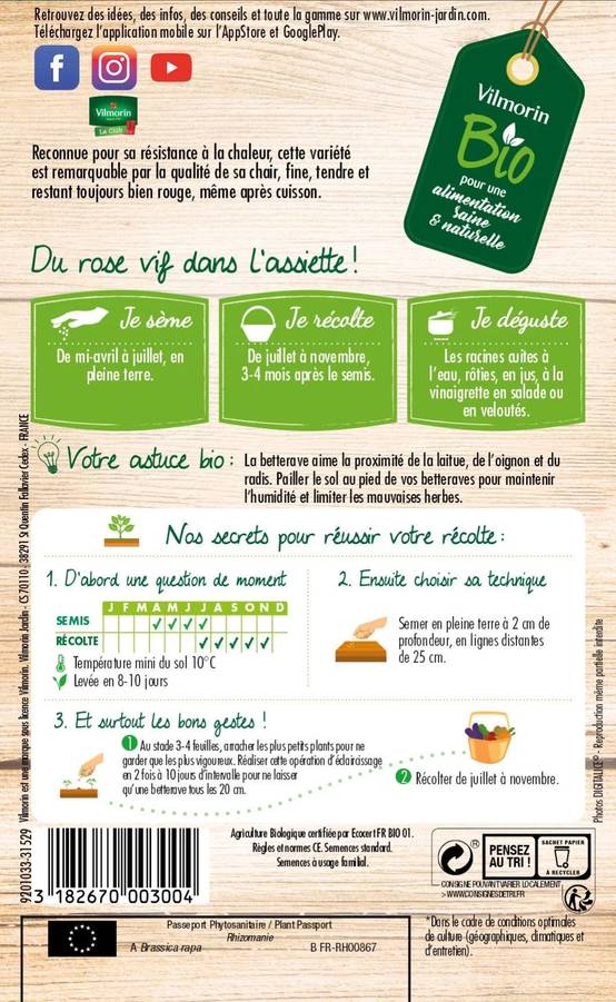 Vilmorin - Betterave potagère de Détroit 2 Bio série 2 sachet graines 5 g - Vilmorin - Image 1