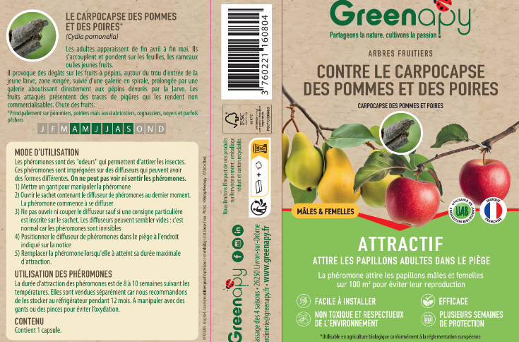 Greenapy - Phéromone carpocapse des pommes mâle-femelle Cydia pomonella boîte d'1 capsule - Greenapy - Image 1
