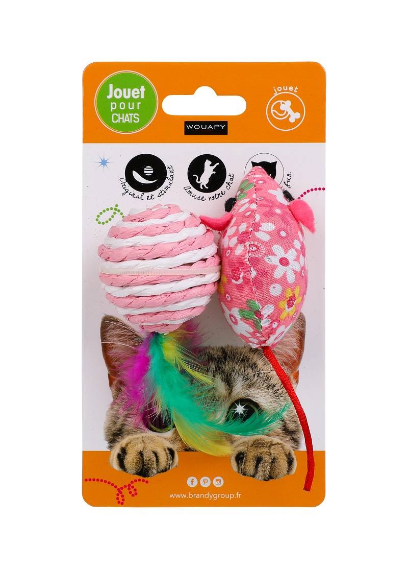 Wouapy - Souris Tissu + Balle Sisal à Plumes