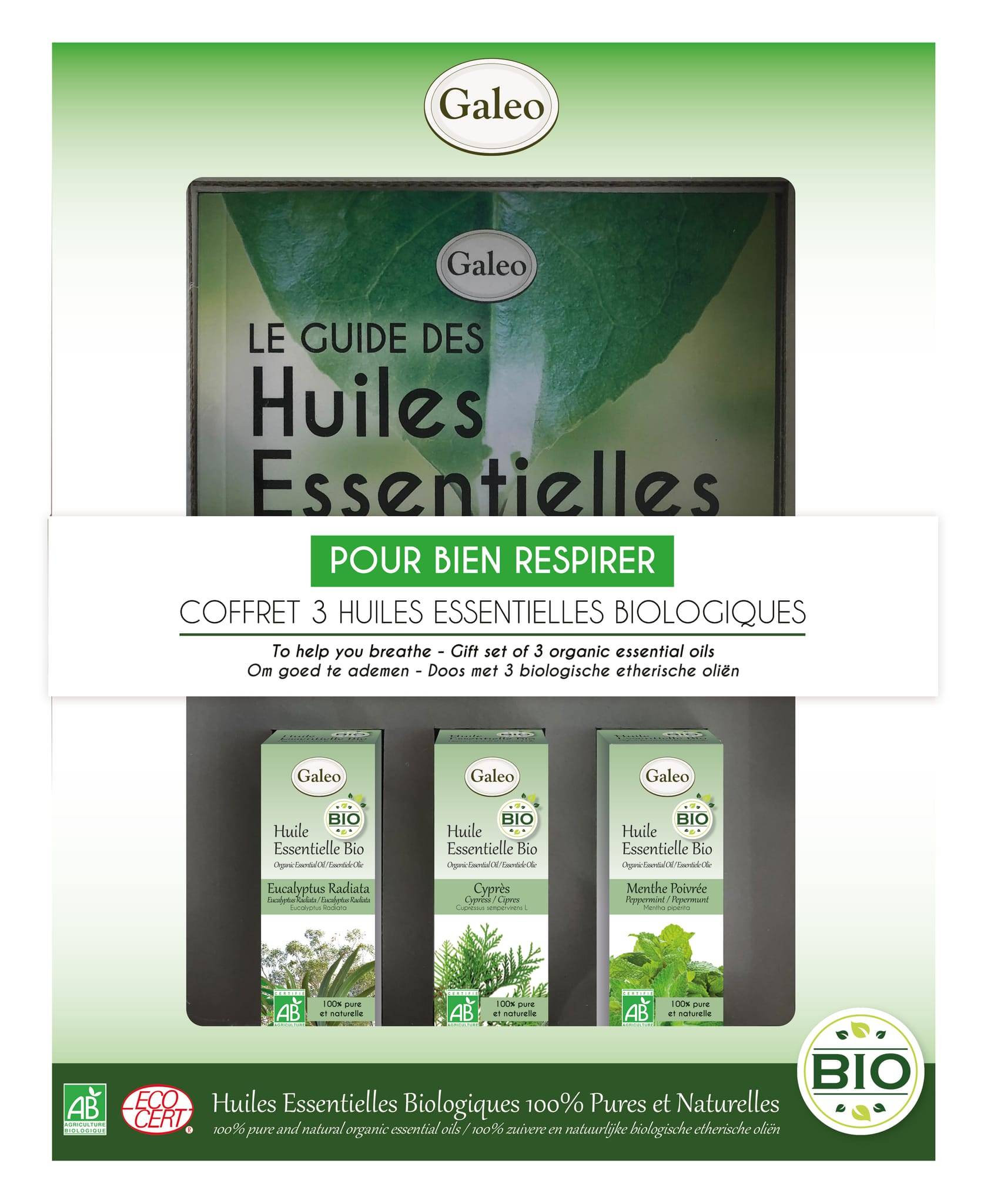 Galeo - Coffret 3 huiles essentielles bio respirer + le guide offert