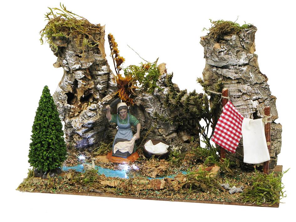 OLIVER Scene animée rivière et lavandière