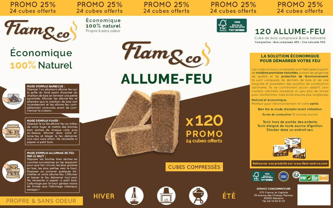 Flam&co - Flam&co - Allume-feu en bois compressé - Tube de 120 cubes - Imagen 7