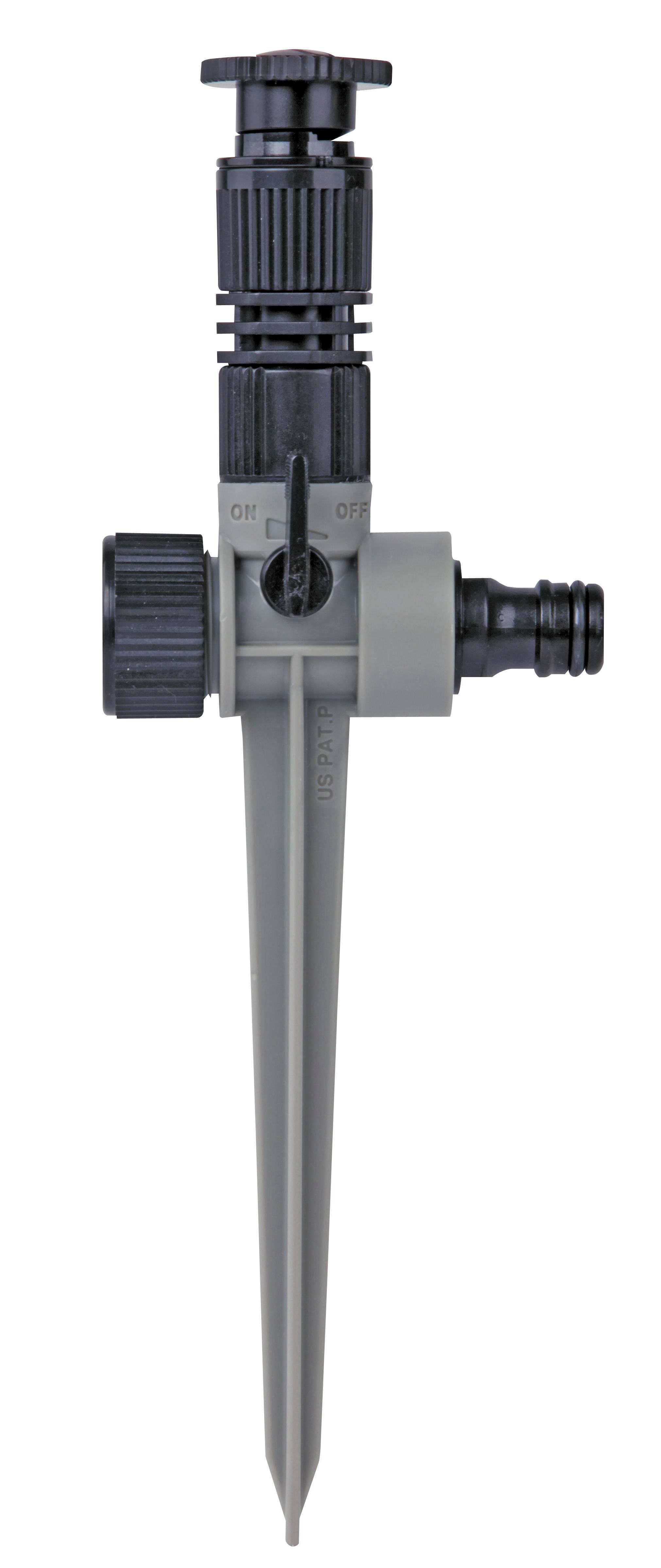 Aspersor con estaca, alcance y boquilla ajustable de 0 a 360°