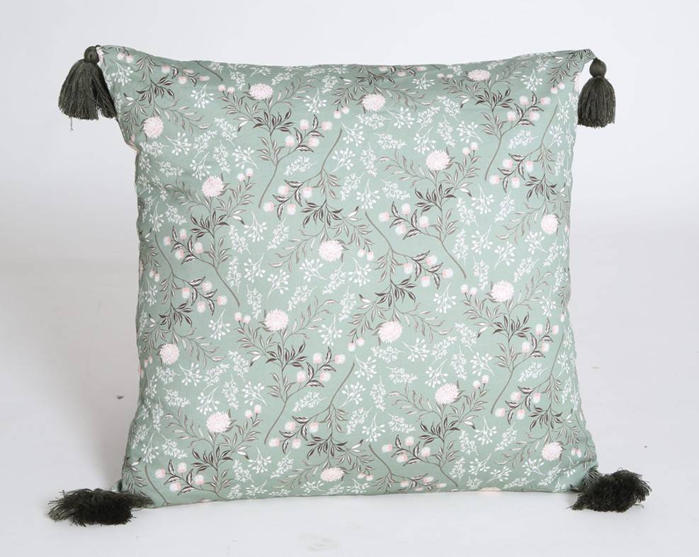 Coussin couleur sauge coton pompon vivaces L.45 x l.45 x H.10 cm - Image 1