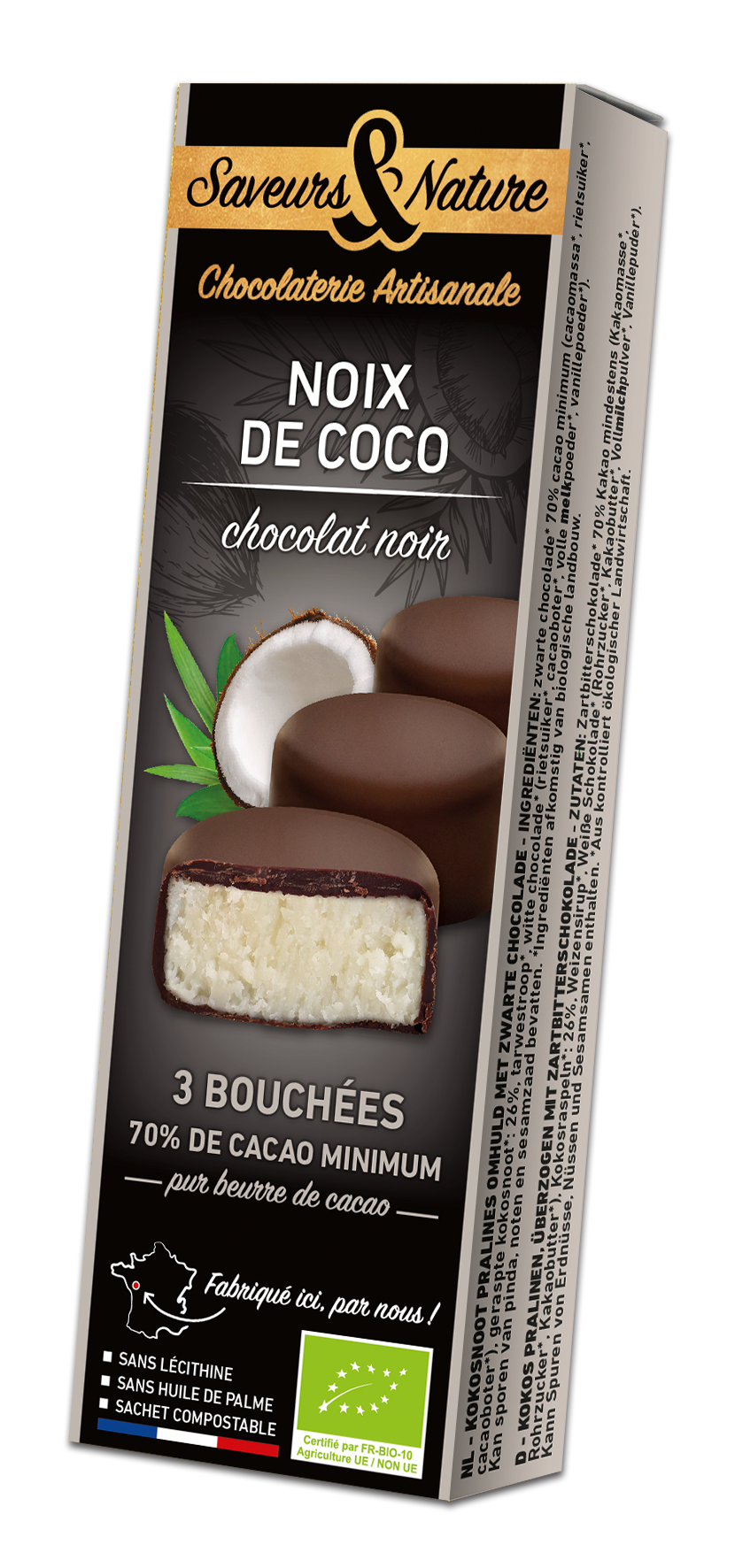 Saveurs et Nature - Bouchées noix de coco enrobées de chocolat noir 70% de cacao 45 g - Saveurs et Nature
