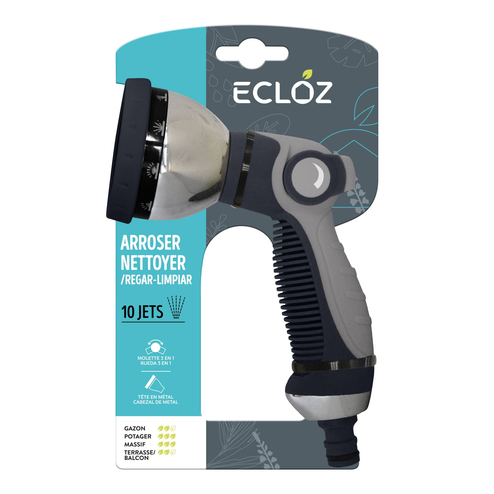 Ecloz - Pistolet d'arrosage multi-jets métal gainé ECLOZ - 10 jets - Imagen 1