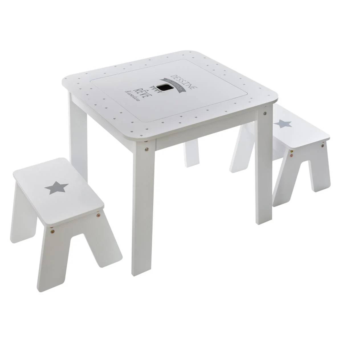 Ensemble table + 2 tabourets enfant MDF Blanc Gris Dream Atmosphera