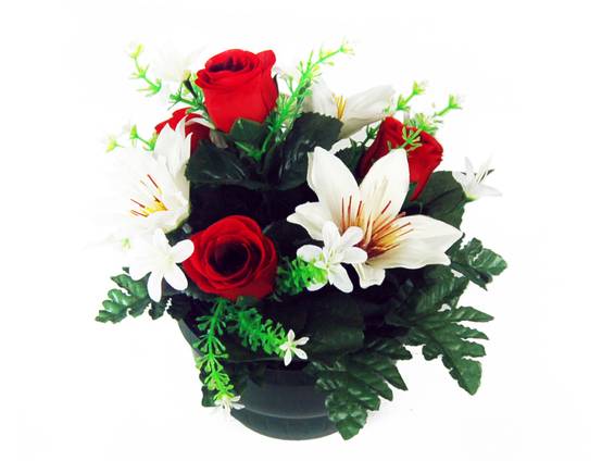 Coupe de roses rouges et fleurs variées artificielles H.23 cm