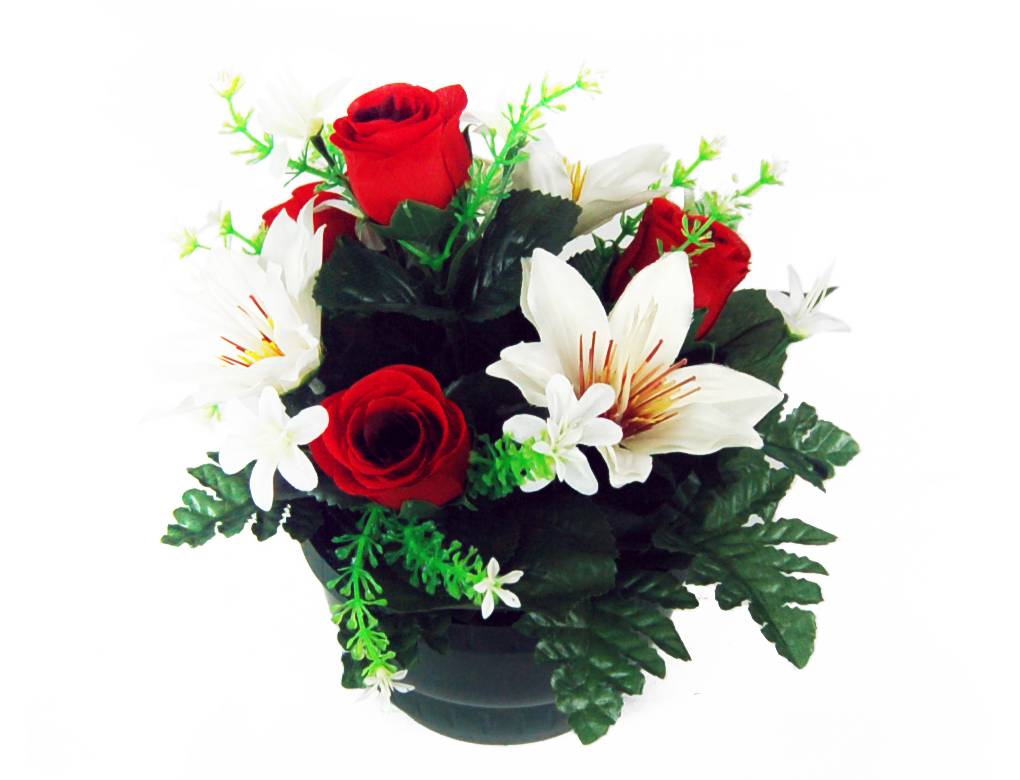 Coupe de roses rouges et fleurs variées artificielles H.23 cm
