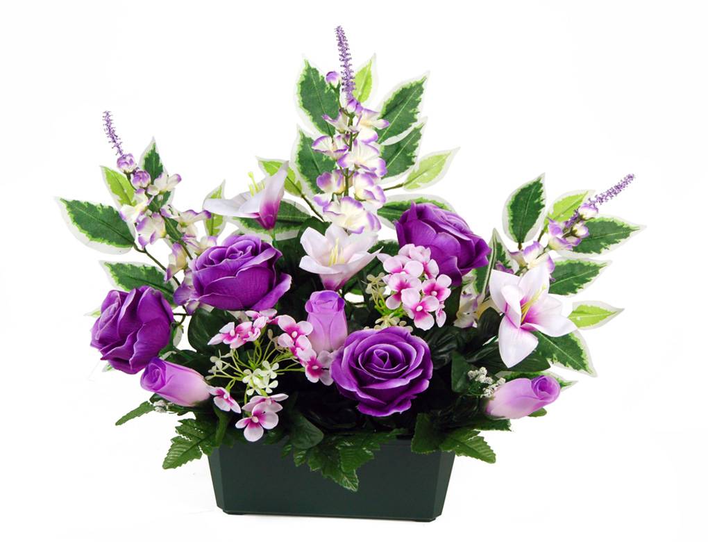 Jardinière de roses violettes artificielles H.44 cm