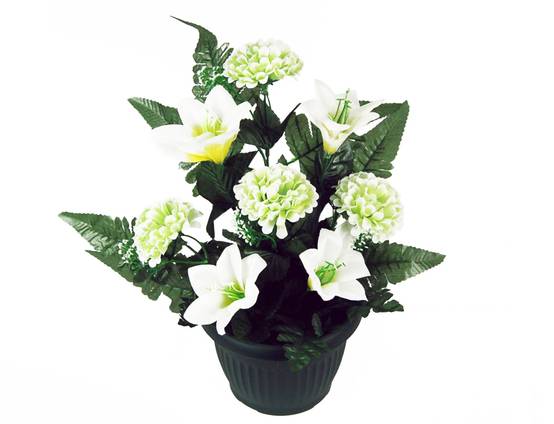 Coupe de lys et fleurs variées artificielles blanches H.35 cm