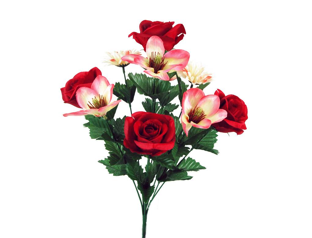 Sardeco - Piquet magnolias et roses rouges artificielles H.45 cm