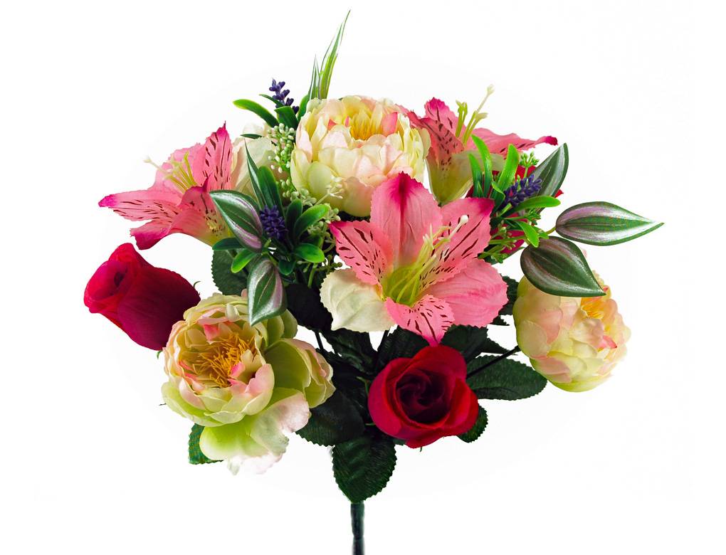 Piquete de rosas alstro rojas y peonías artificiales H.34 cm