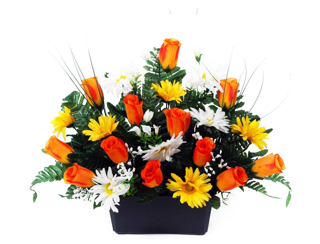 Jardinière de roses oranges et gerbera artificiels H.36 cm