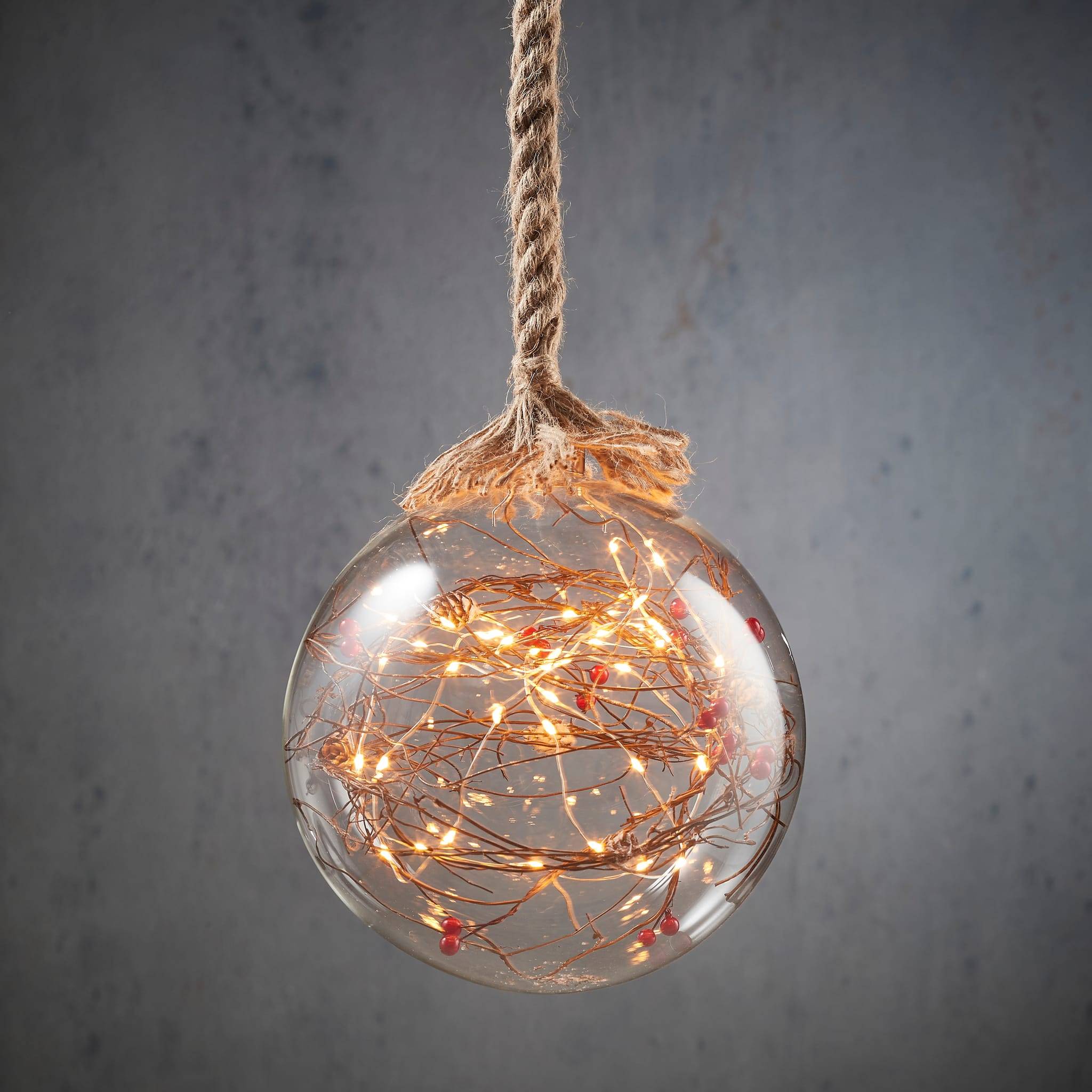 Deco boule corde 40led Fonc.sur batt-verre-Transp- l100xd20cm