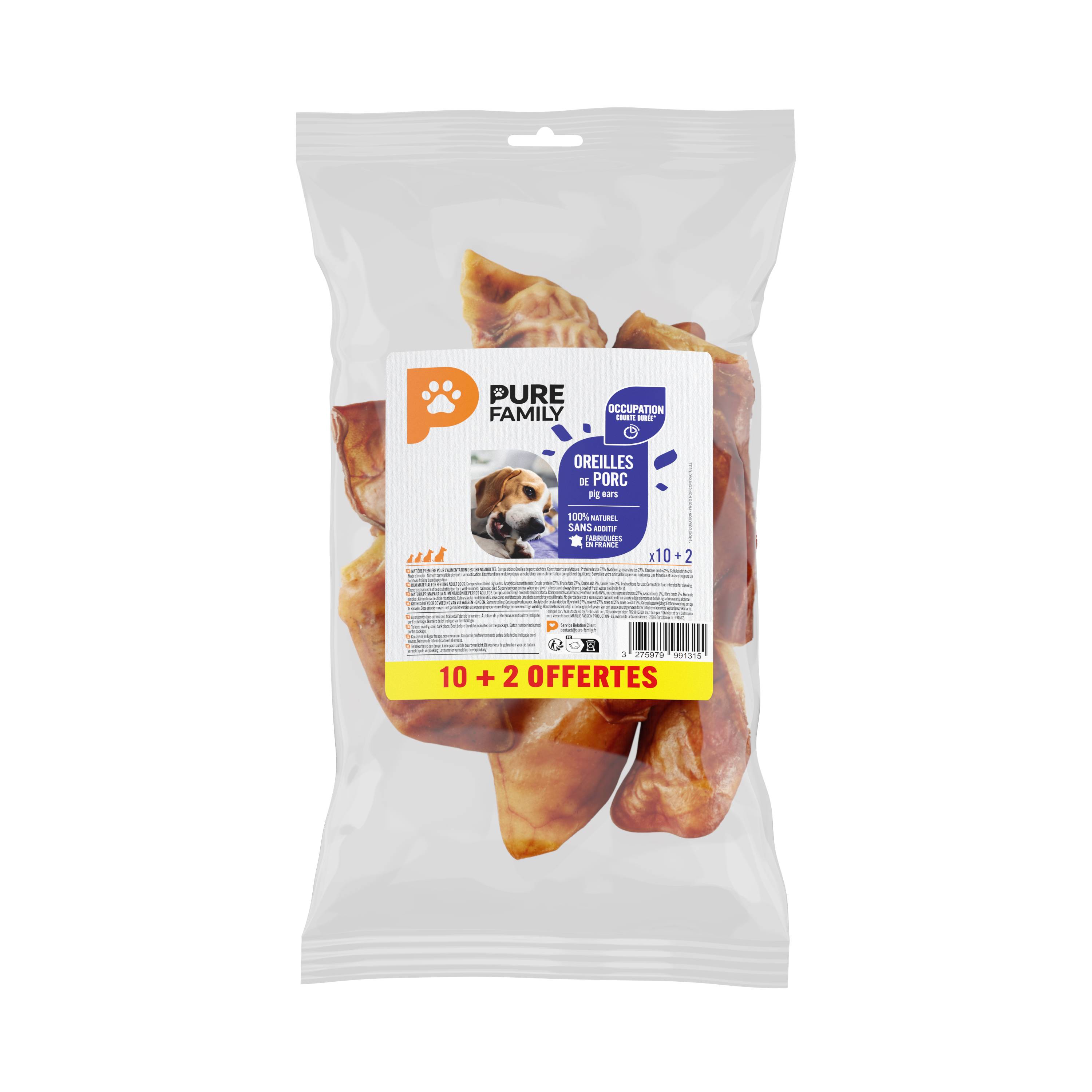 Pure Family - Oreilles de porc à mâcher pour chien x10+2offerts - Pure Family - Imagen 1