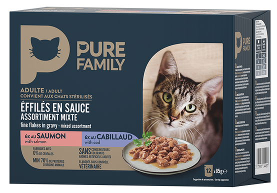 Pure Family - Effilés en sauce chat saumon/cabillaud 12 x 85 g - PURE FAMILY - Image 1