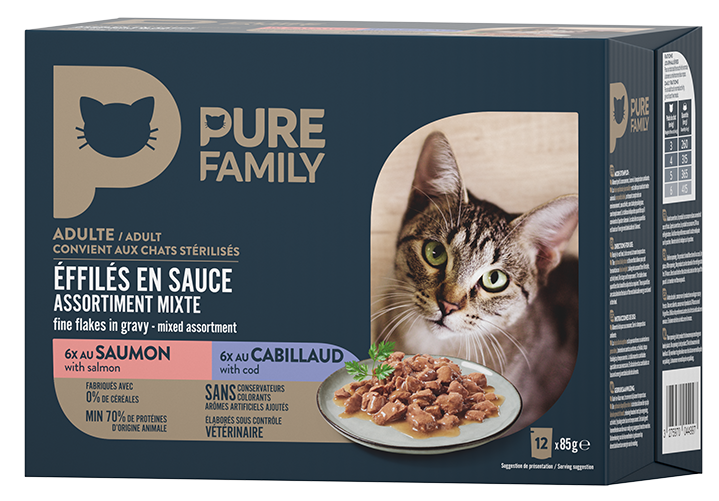Pure Family - Effilés en sauce chat saumon/cabillaud 12 x 85 g - PURE FAMILY - Imagen 2