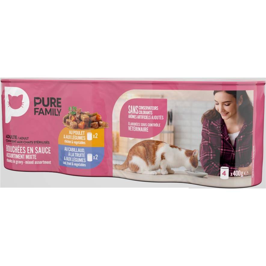 Pure Family - Bouchées en sauce chat mixtes 4 x 400 g - PURE FAMILY - Imagen 1