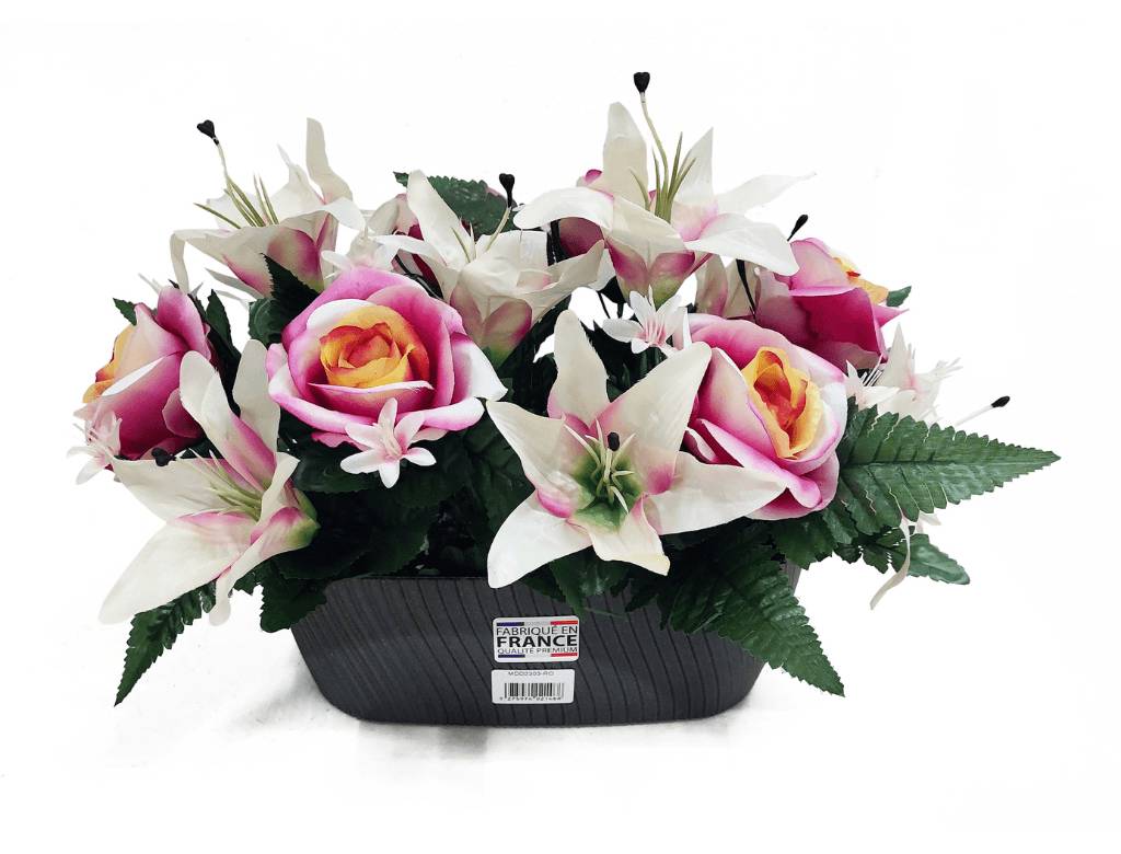 Marque Blanche et Economique - Pot de roses oranges et lys jaunes H.25 cm