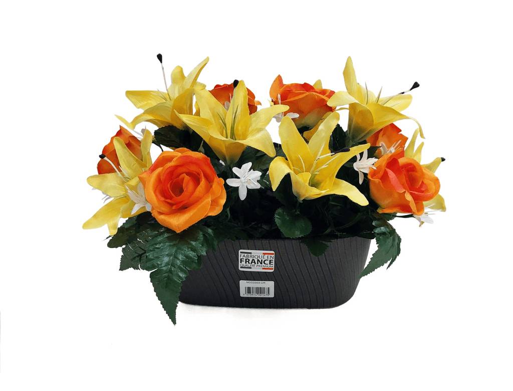 Marque Blanche et Economique - Maceta de rosas naranjas y lirios amarillos H.25 cm