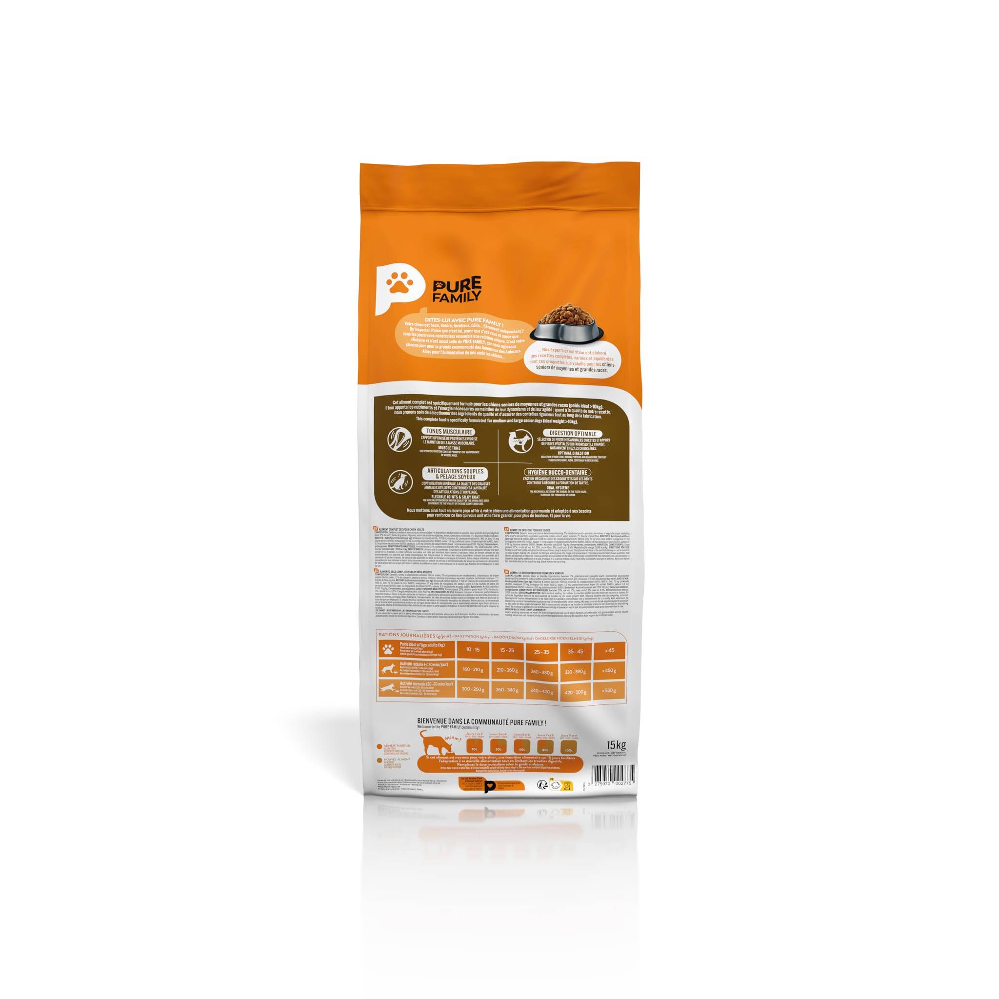 Pure Family - Croquettes chien senior de moyenne/grande taille volaille 15kg - Pure Family - Imagen 2