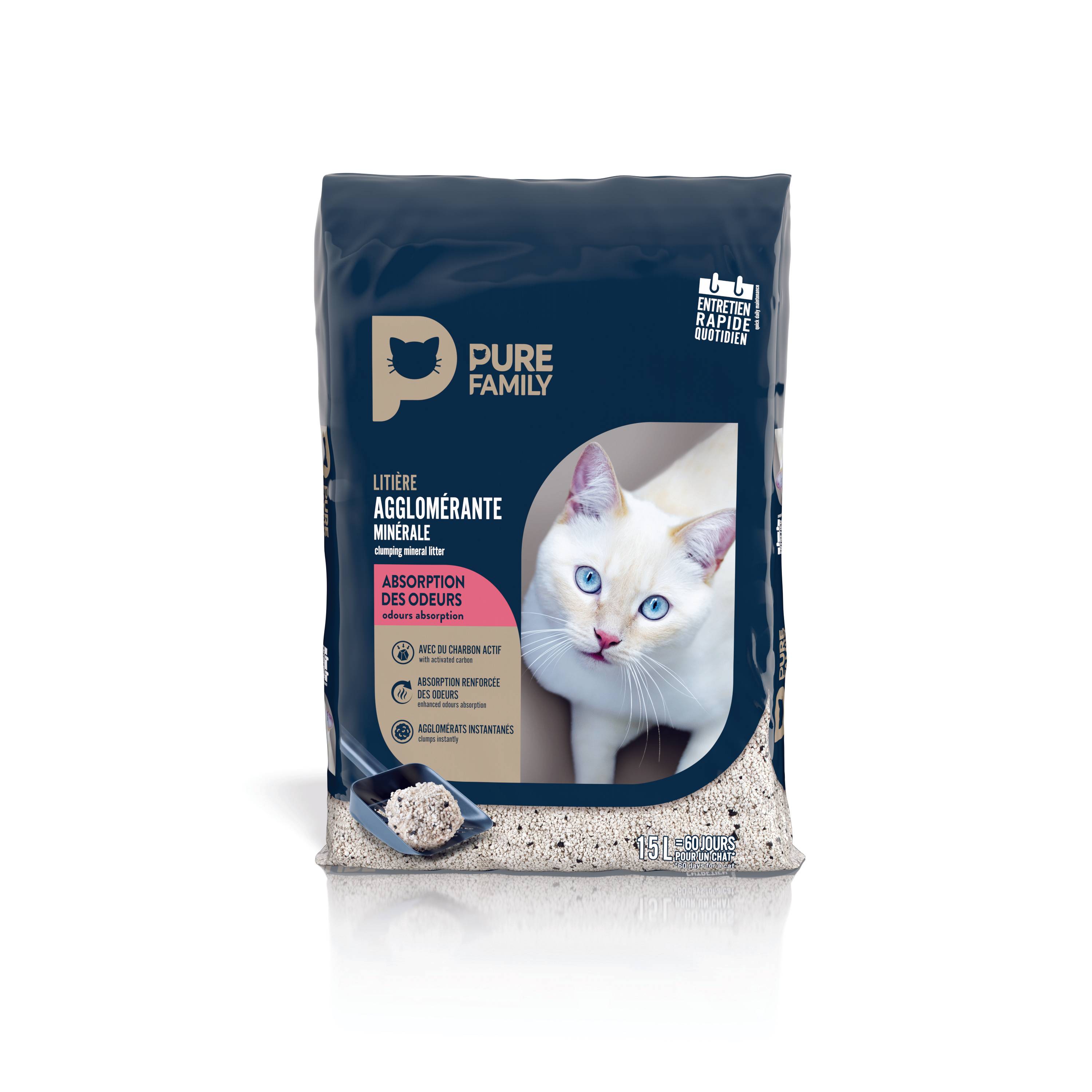 Pure Family - Litière pour chat Agglomérante Charbon Actif 15 L - Pure Family