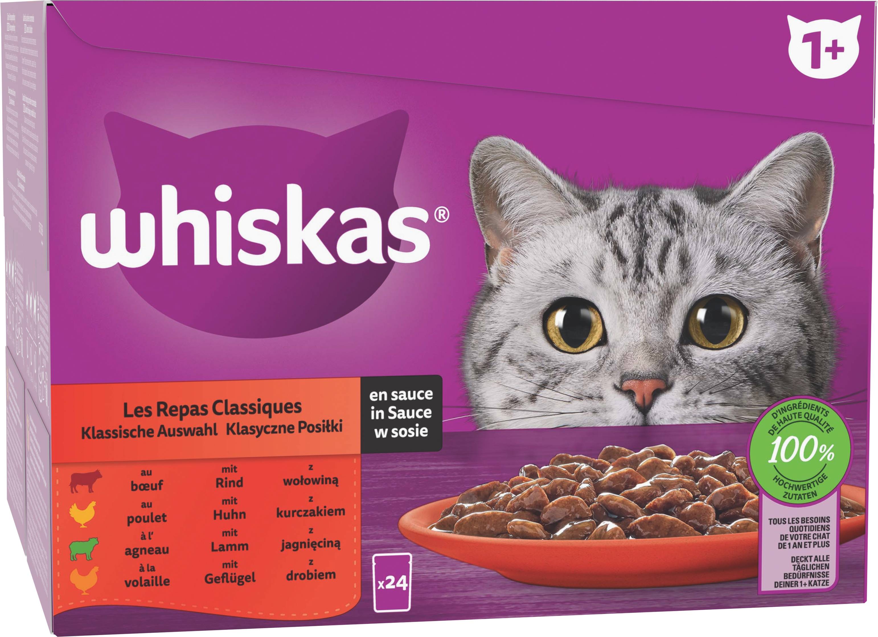 Whiskas - WHISKAS Sobres frescos Las Comidas Clásicas en salsa 4 variedades para gato adulto 24x85g