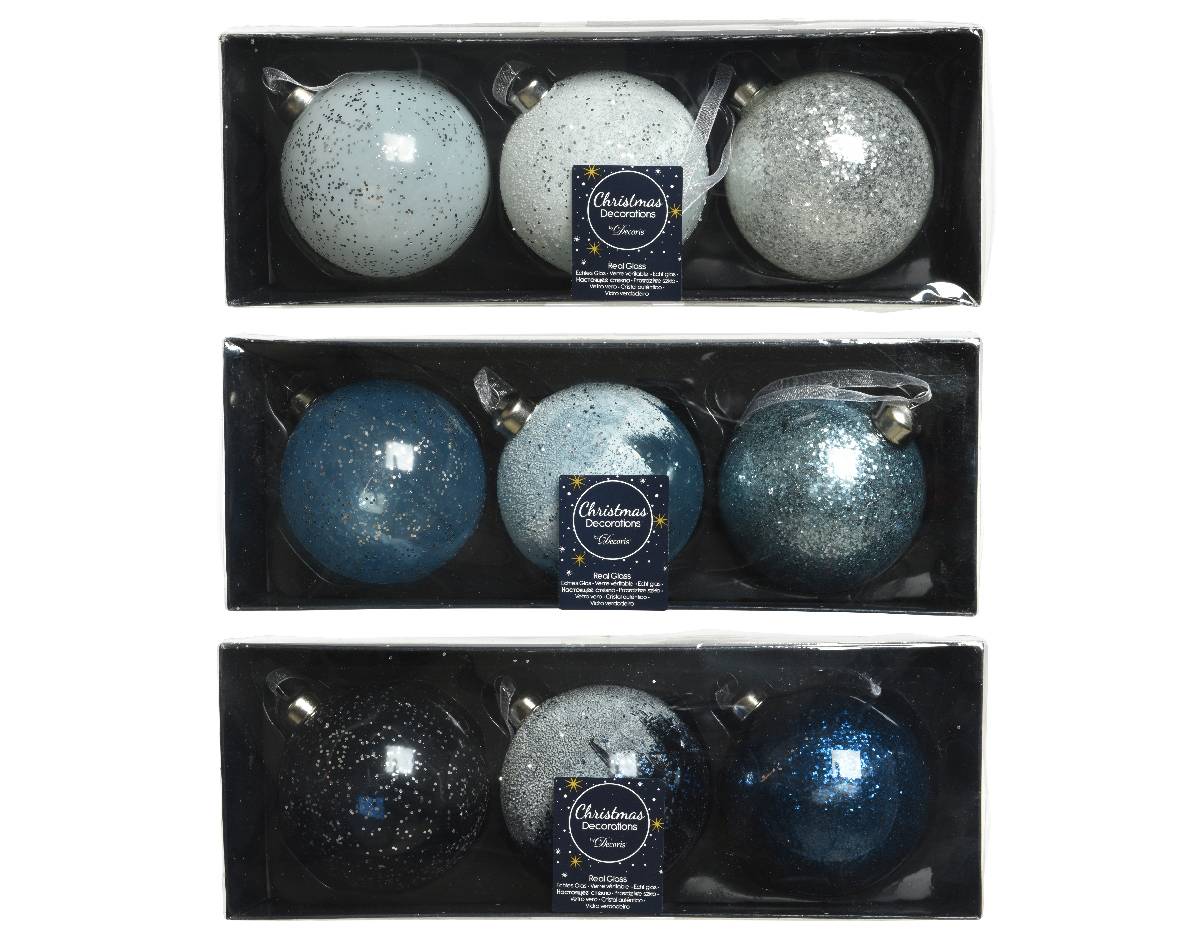 Decoris - Boite de 3 Boules en verre avec paillettes - Bleu/Blanc - Ø.8 cm