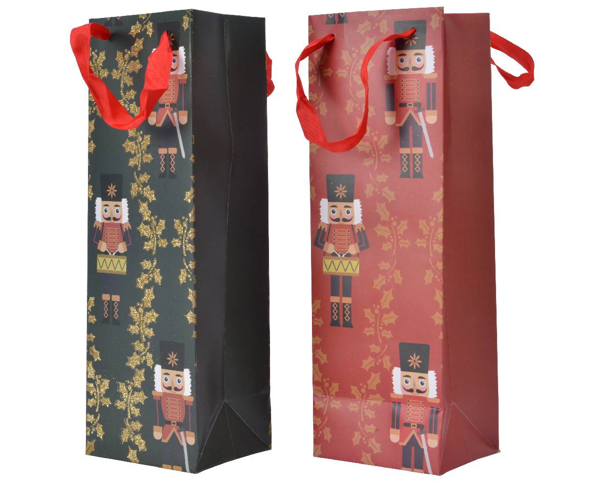 Sac cadeau Bouteille en papier Casse-Noisette Vert/Rouge H.36 cm