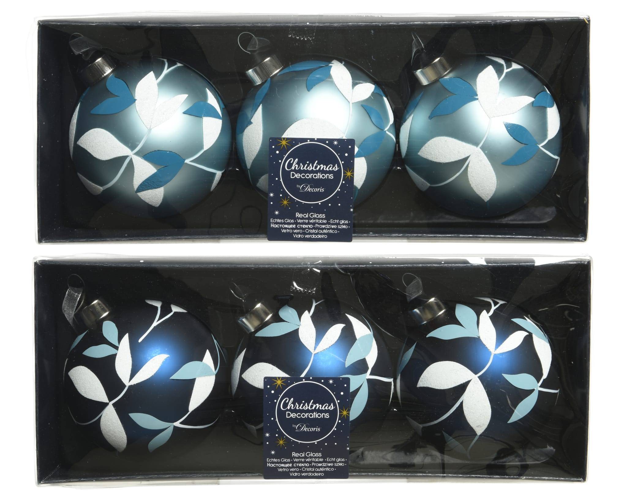 Decoris - Boite de 3 Boules de Noël en verre mat déco feuilles Bleu Ø.8 cm